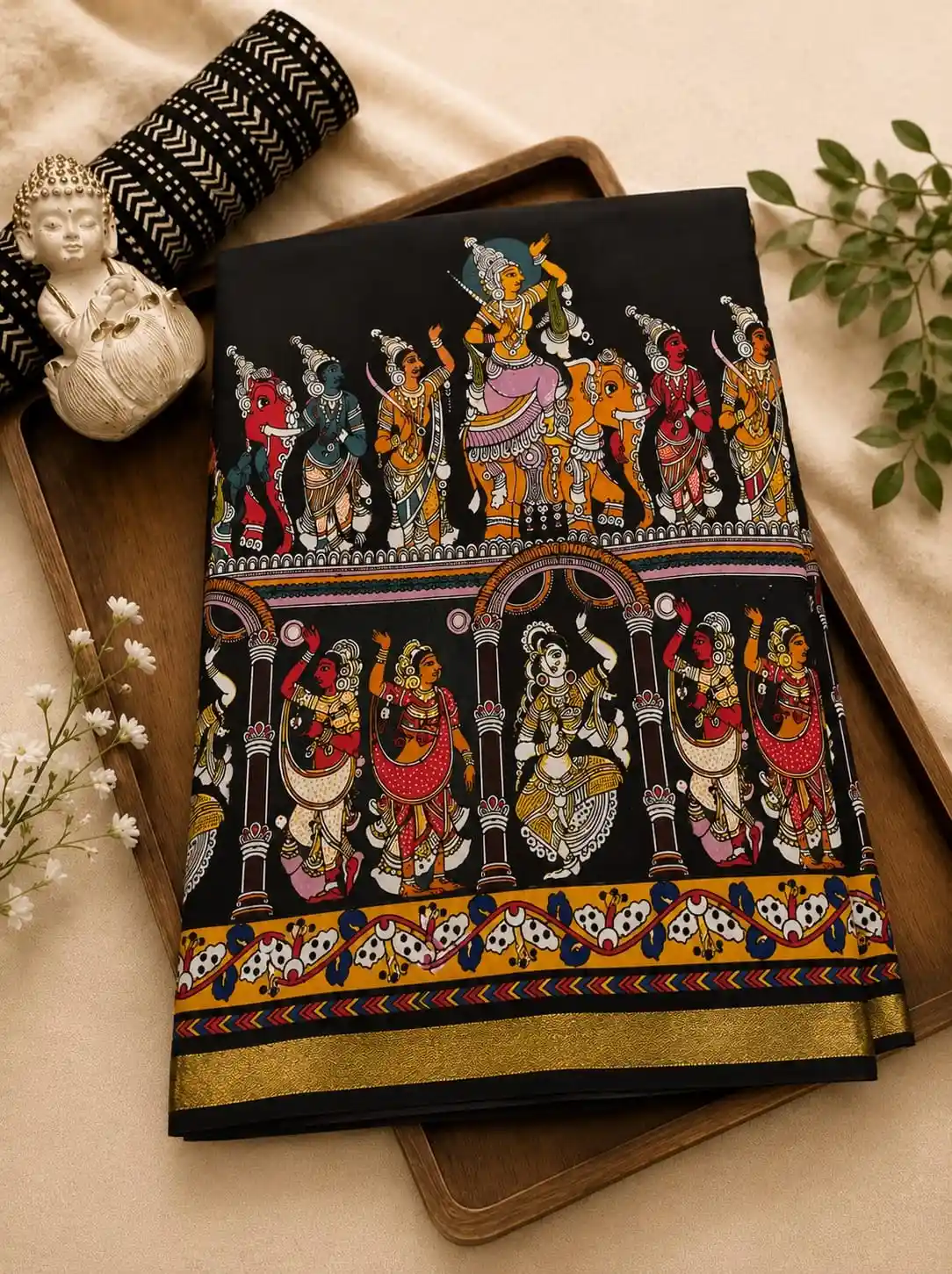 Black Mul Silk Deep Black Kalamkari Artwork Saree